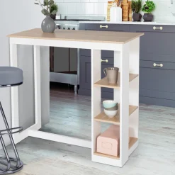 IDMarket Table de bar haute imitation hêtre et blanche* Meubles Hauts|Meubles Blancs