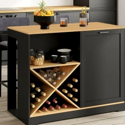 IDMarket Table de bar îlot en bois noir avec range-bouteilles et plateau façon hêtre 113 cm* Collection Moderne|Ilot Central