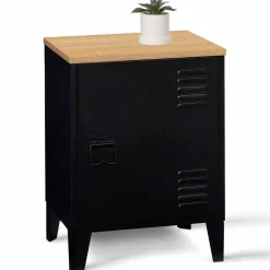 IDMarket Table de chevet casier porte métal noir et plateau bois* Meubles Noirs|Chambre Complète Adulte