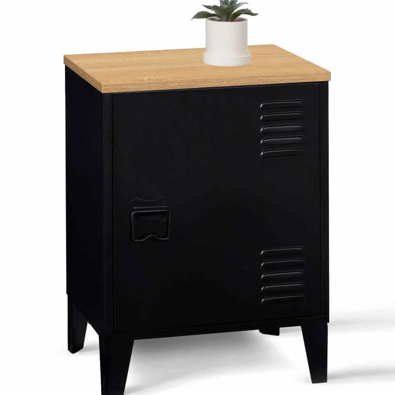 IDMarket Table de chevet casier porte métal noir et plateau bois* Meubles Noirs|Chambre Complète Adulte