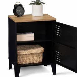 IDMarket Table de chevet casier porte métal noir et plateau bois* Meubles Noirs|Chambre Complète Adulte