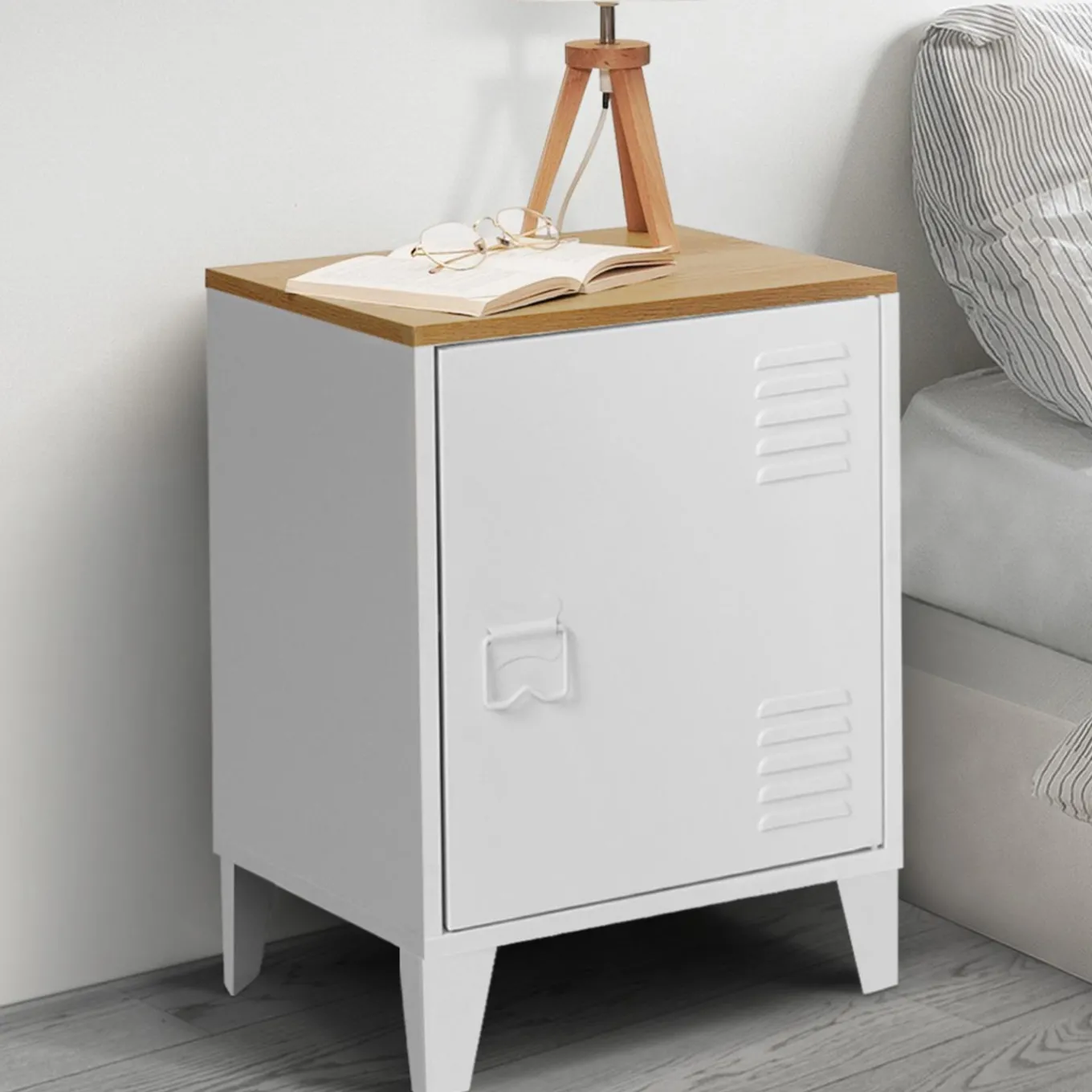 IDMarket Table de chevet industrielle porte métal et plateau imitation hêtre* Meubles Blancs|Tables De Chevet