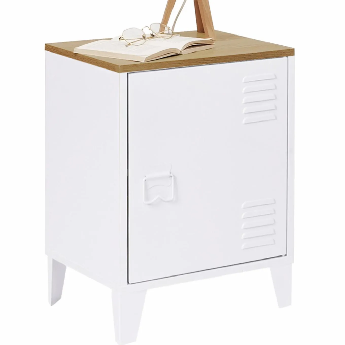 IDMarket Table de chevet industrielle porte métal et plateau imitation hêtre* Meubles Blancs|Tables De Chevet