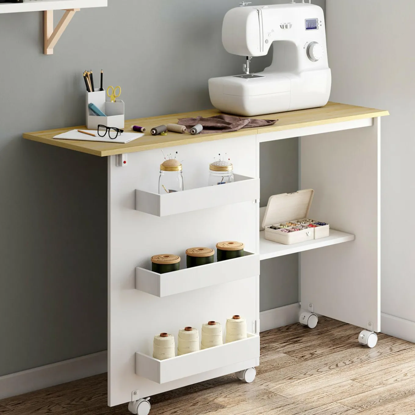 IDMarket Table de couture pliante à roulettes avec 4 étagères* Meubles En Bois|Collection Contemporaine