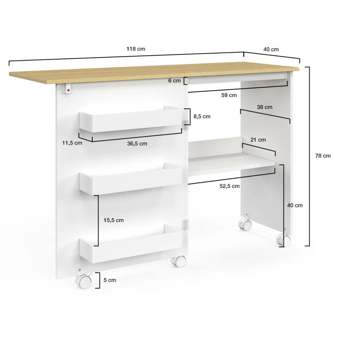 IDMarket Table de couture pliante à roulettes avec 4 étagères* Meubles En Bois|Collection Contemporaine