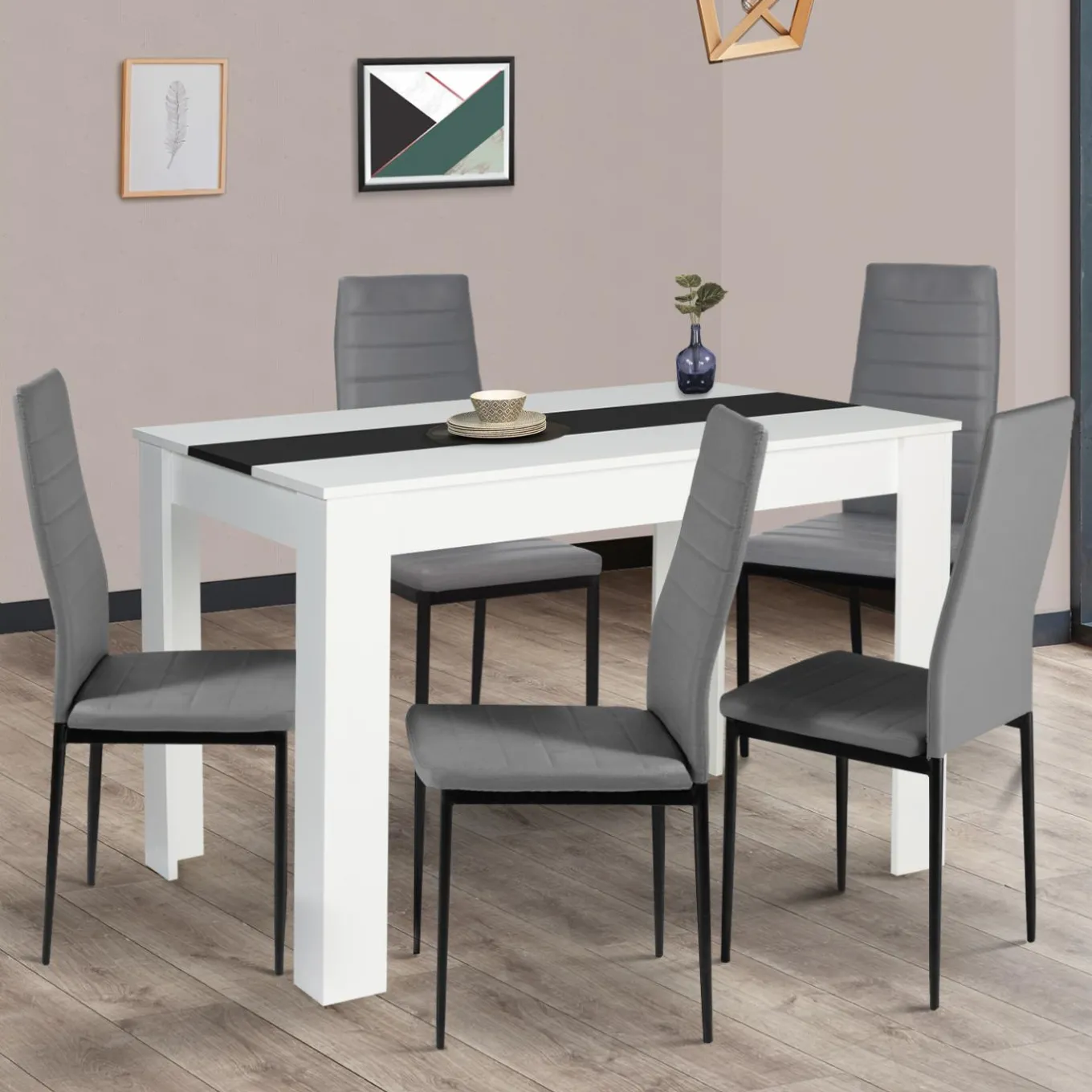 IDMarket Table de cuisine 6 personnes blanche et noire* Meubles Blancs|Collection Design