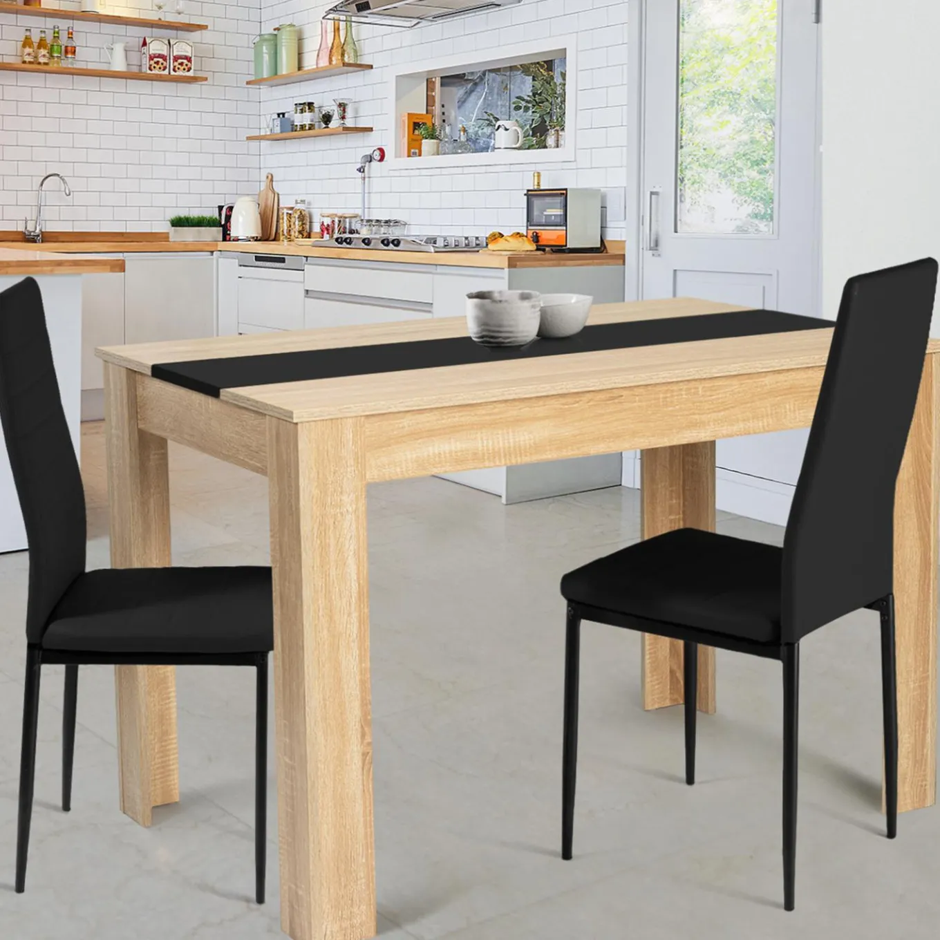 IDMarket Table de cuisine 4 personnes imitation hêtre et noire* Meubles En Bois|Collection Contemporaine