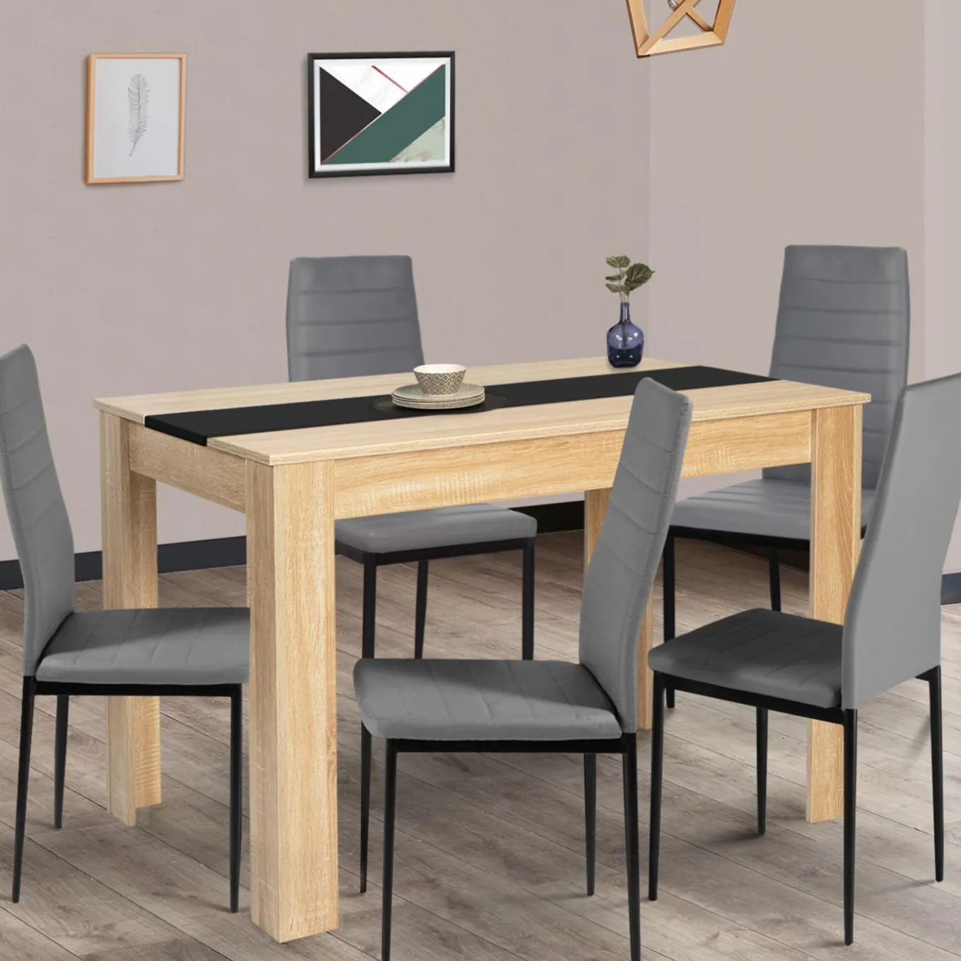 IDMarket Table de cuisine 4 personnes imitation hêtre et noire* Meubles En Bois|Collection Contemporaine