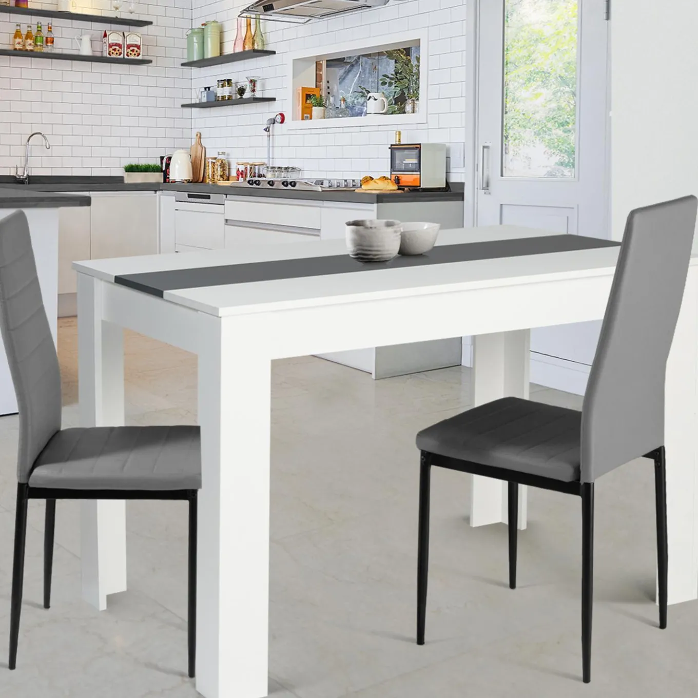 IDMarket Table de cuisine 6 personnes blanche et grise* Meubles Bas|Meubles Blancs
