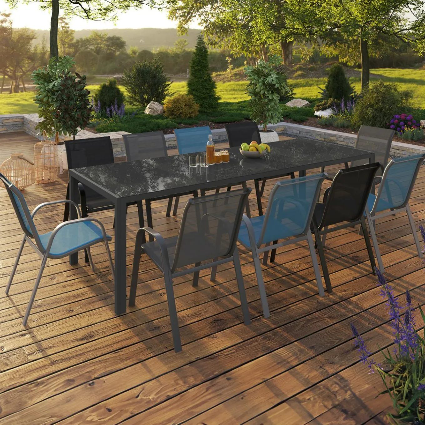 IDMarket Table de jardin 240 cm 10 personnes et chaises empilables bleues, grises et noires* Salons De Jardin