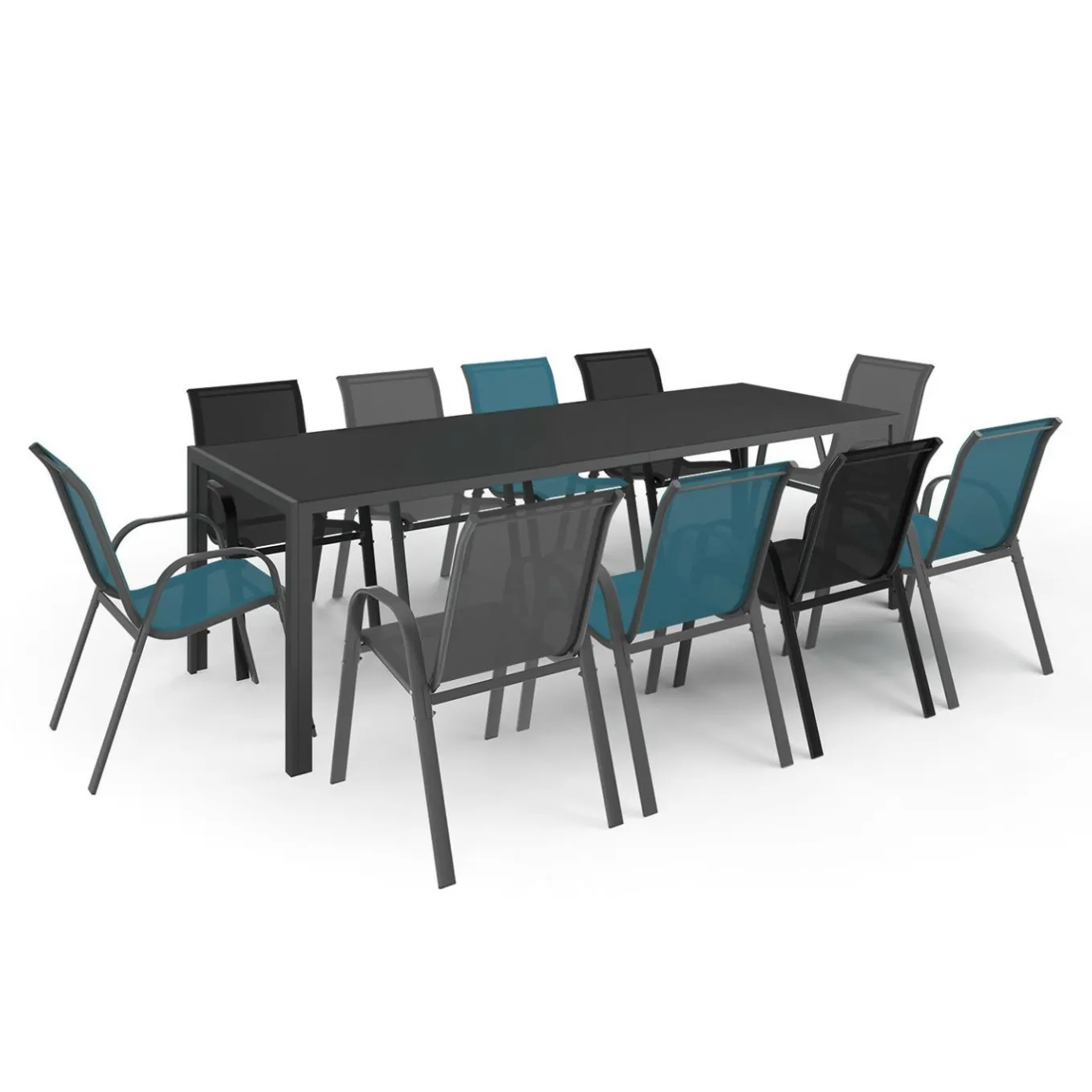 IDMarket Table de jardin 240 cm 10 personnes et chaises empilables bleues, grises et noires* Salons De Jardin