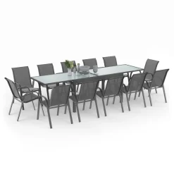 IDMarket Table de jardin extensible 12 places grise avec chaises* Salons De Jardin