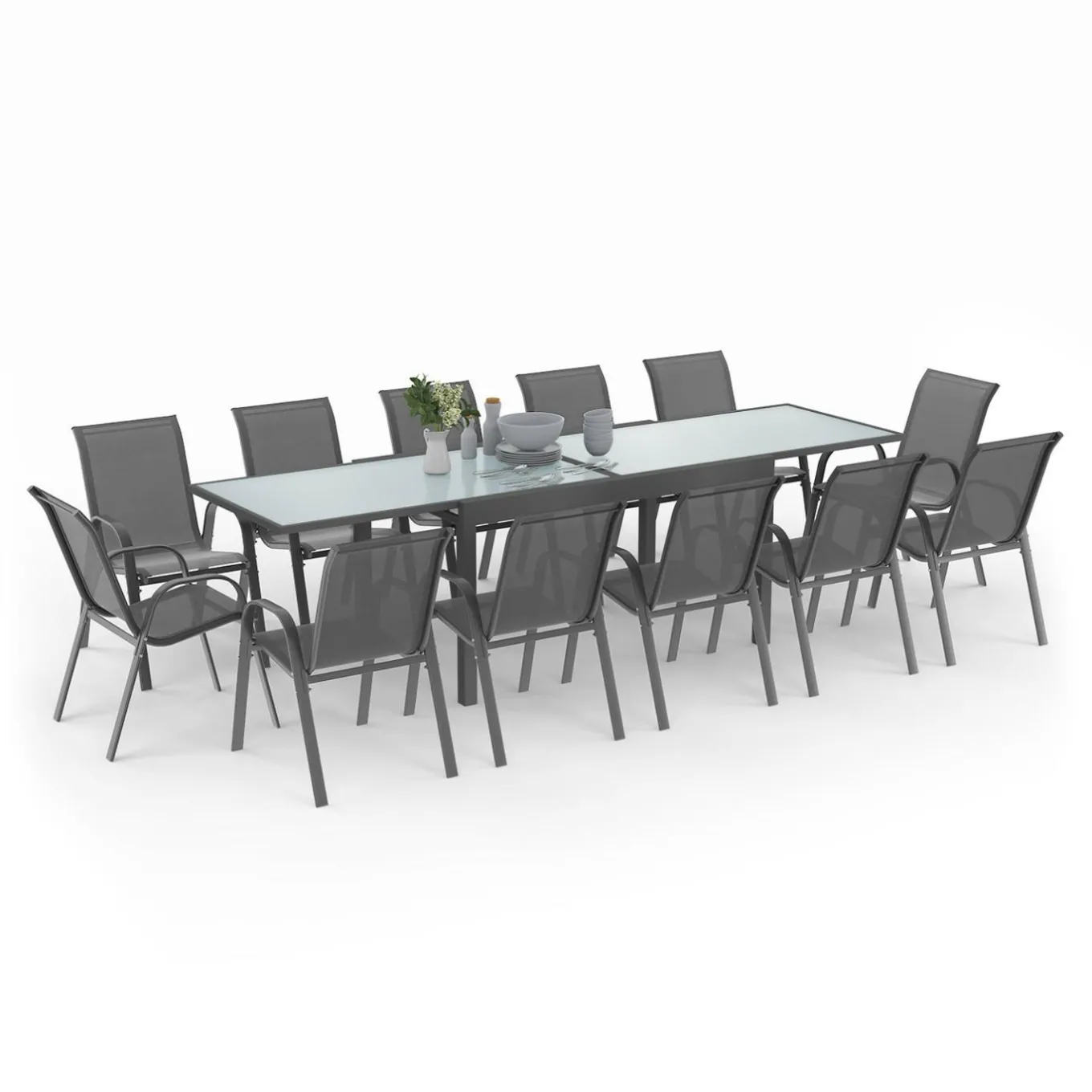 IDMarket Table de jardin extensible 12 places grise avec chaises* Salons De Jardin