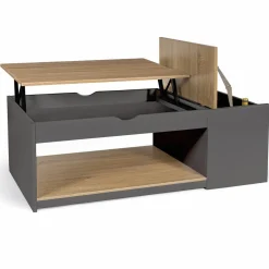 IDMarket Table de salon avec plateau relevable et coffre bois gris et plateau façon hêtre* Collection Design|Collection Moderne