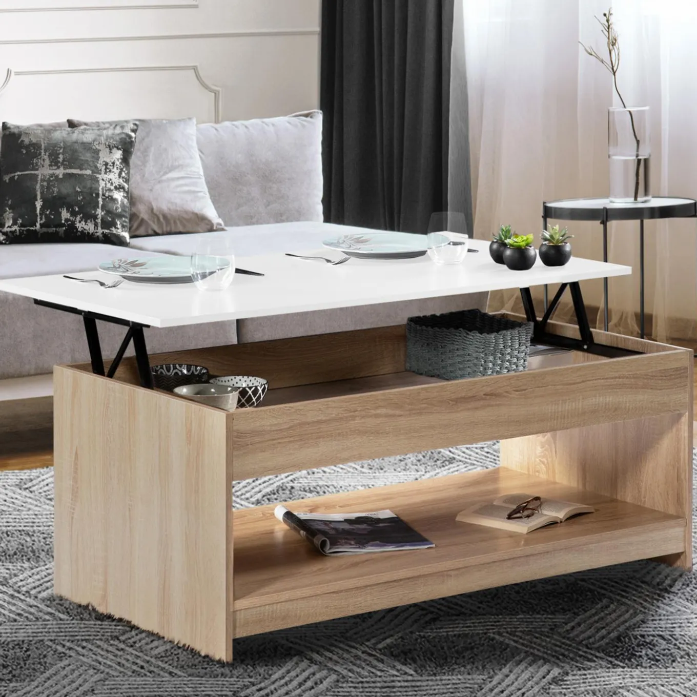 IDMarket Table de salon avec plateau relevable imitation hêtre plateau blanc* Collection Design|Collection Contemporaine