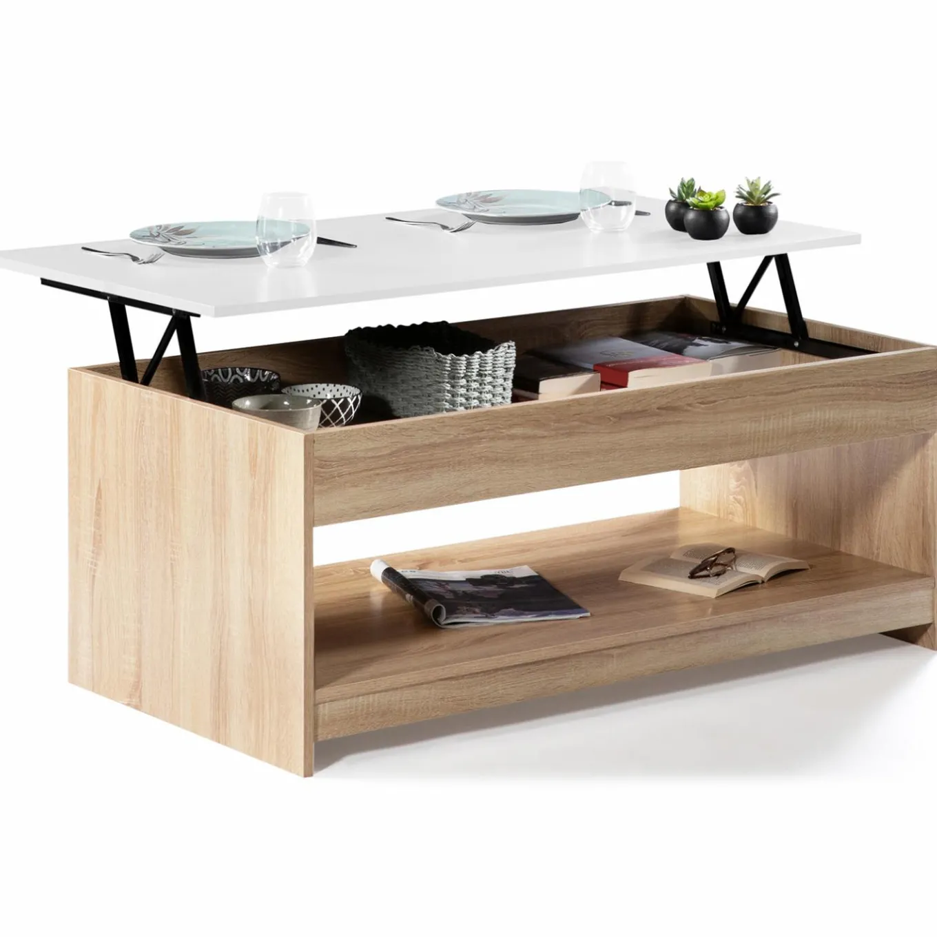 IDMarket Table de salon avec plateau relevable imitation hêtre plateau blanc* Collection Design|Collection Contemporaine