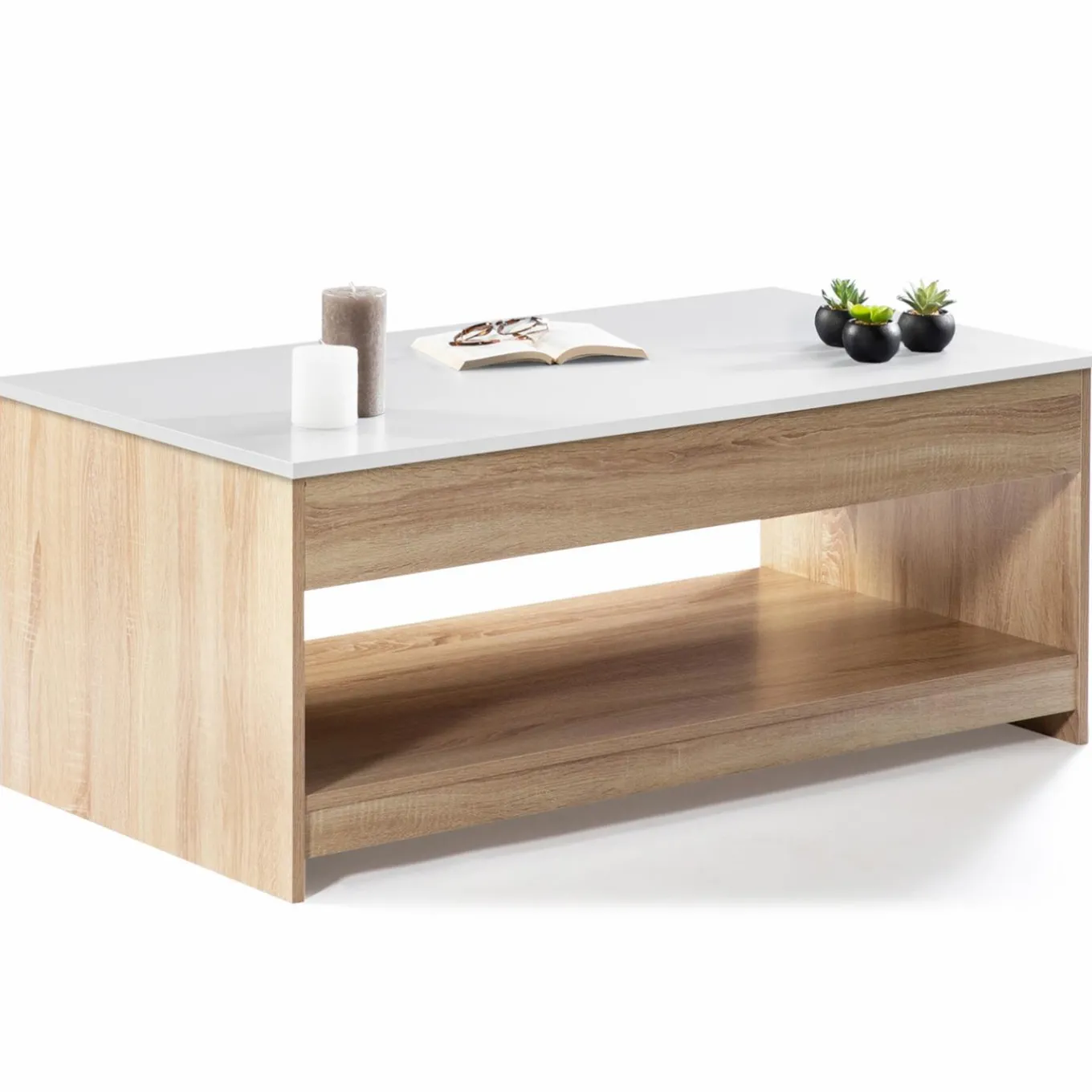 IDMarket Table de salon avec plateau relevable imitation hêtre plateau blanc* Collection Design|Collection Contemporaine