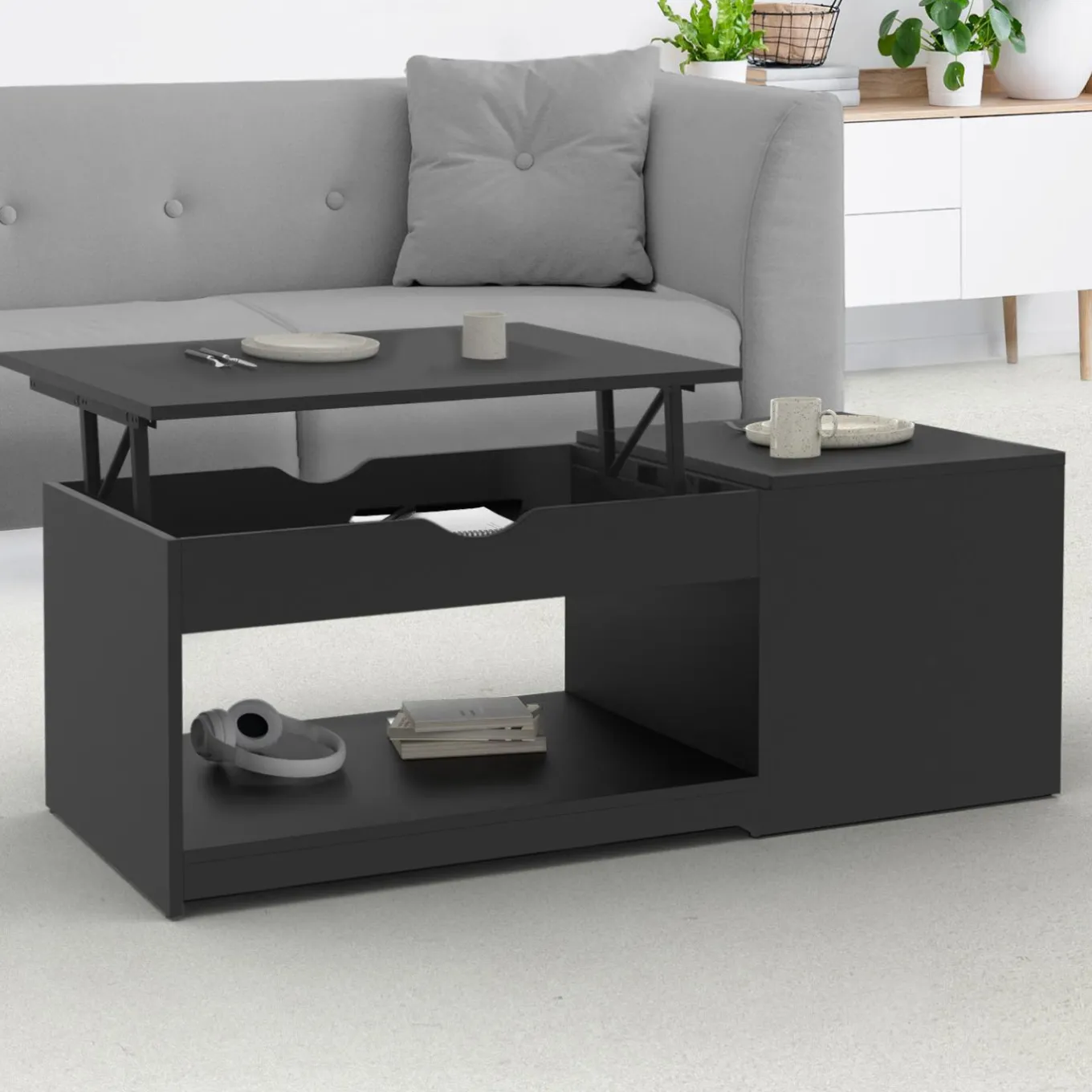 IDMarket Table de salon avec plateau relevable bois noir* Meubles Noirs|Collection Design