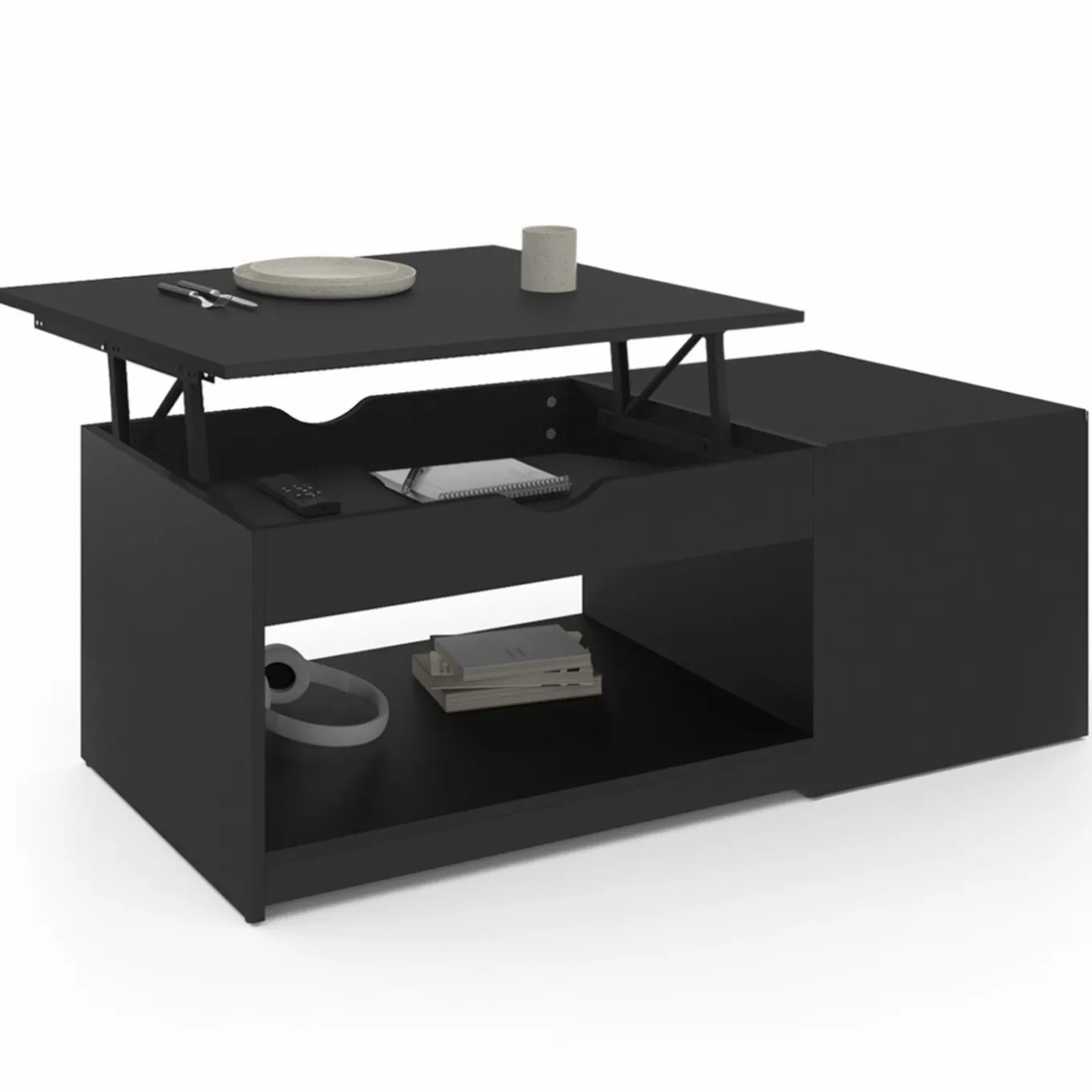 IDMarket Table de salon avec plateau relevable bois noir* Meubles Noirs|Collection Design