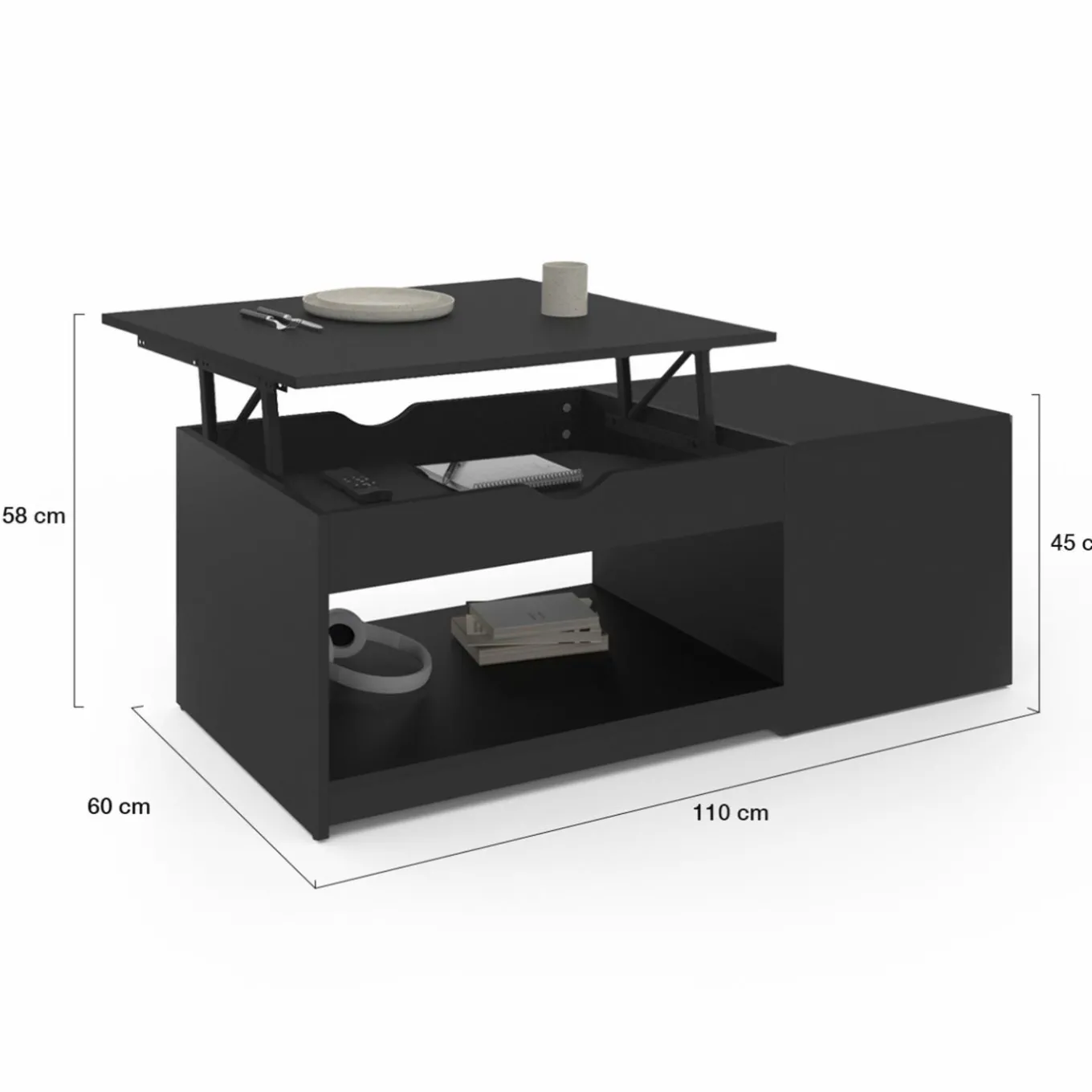 IDMarket Table de salon avec plateau relevable bois noir* Meubles Noirs|Collection Design