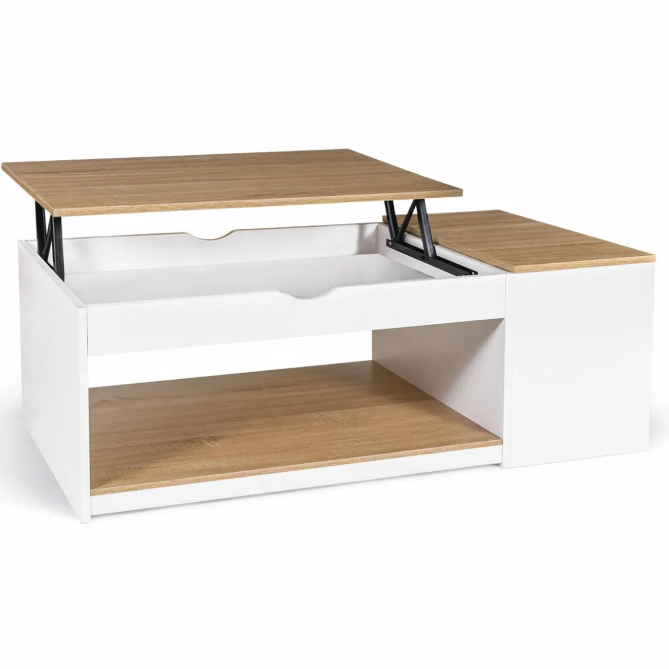 IDMarket Table de salon avec plateau relevable bois blanc et façon hêtre* Meubles Bas|Meubles Blancs