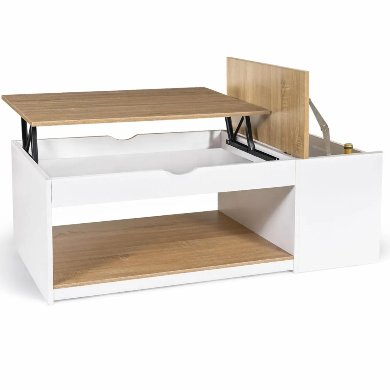 IDMarket Table de salon avec plateau relevable bois blanc et façon hêtre* Meubles Bas|Meubles Blancs