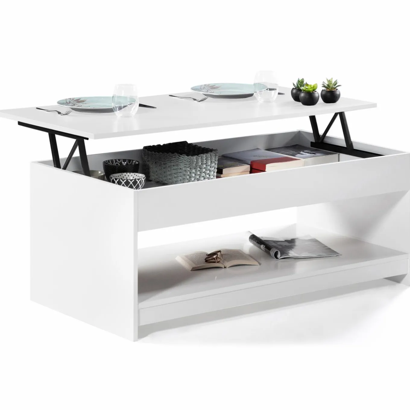 IDMarket Table de salon blanche avec plateau relevable* Collection Design|Collection Contemporaine