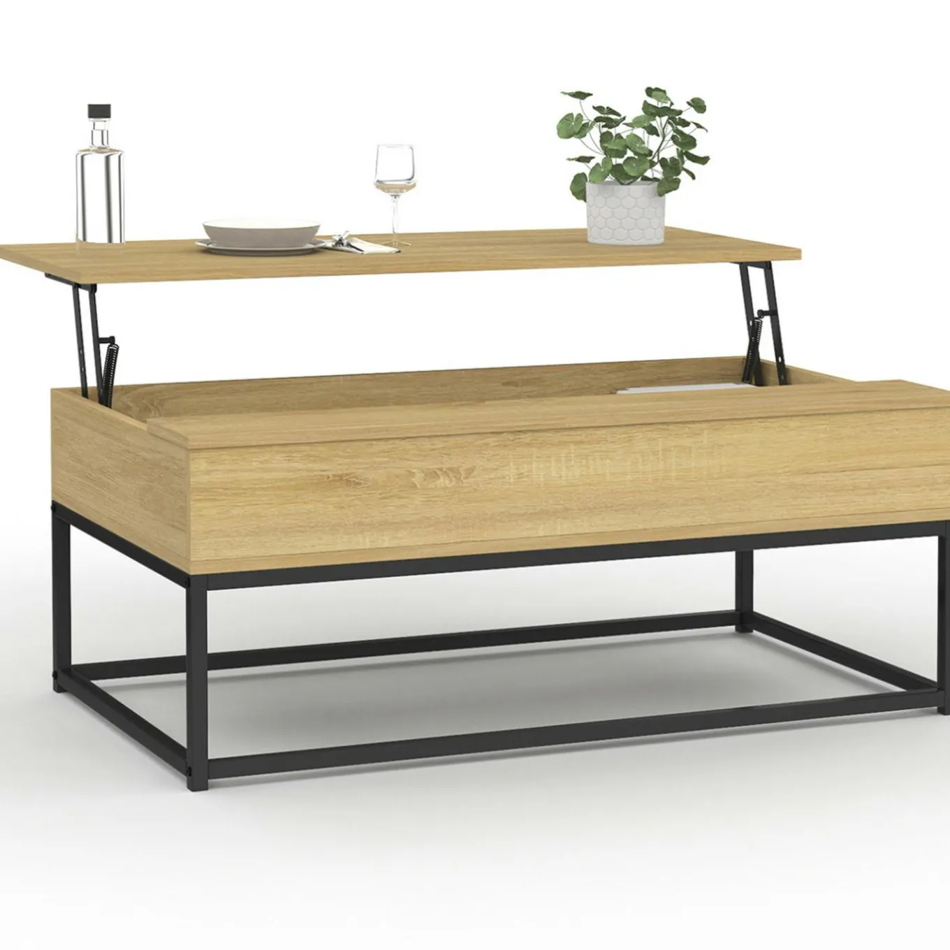 IDMarket Table de salon industrielle avec plateau relevable* Meubles Bas|Meubles En Bois
