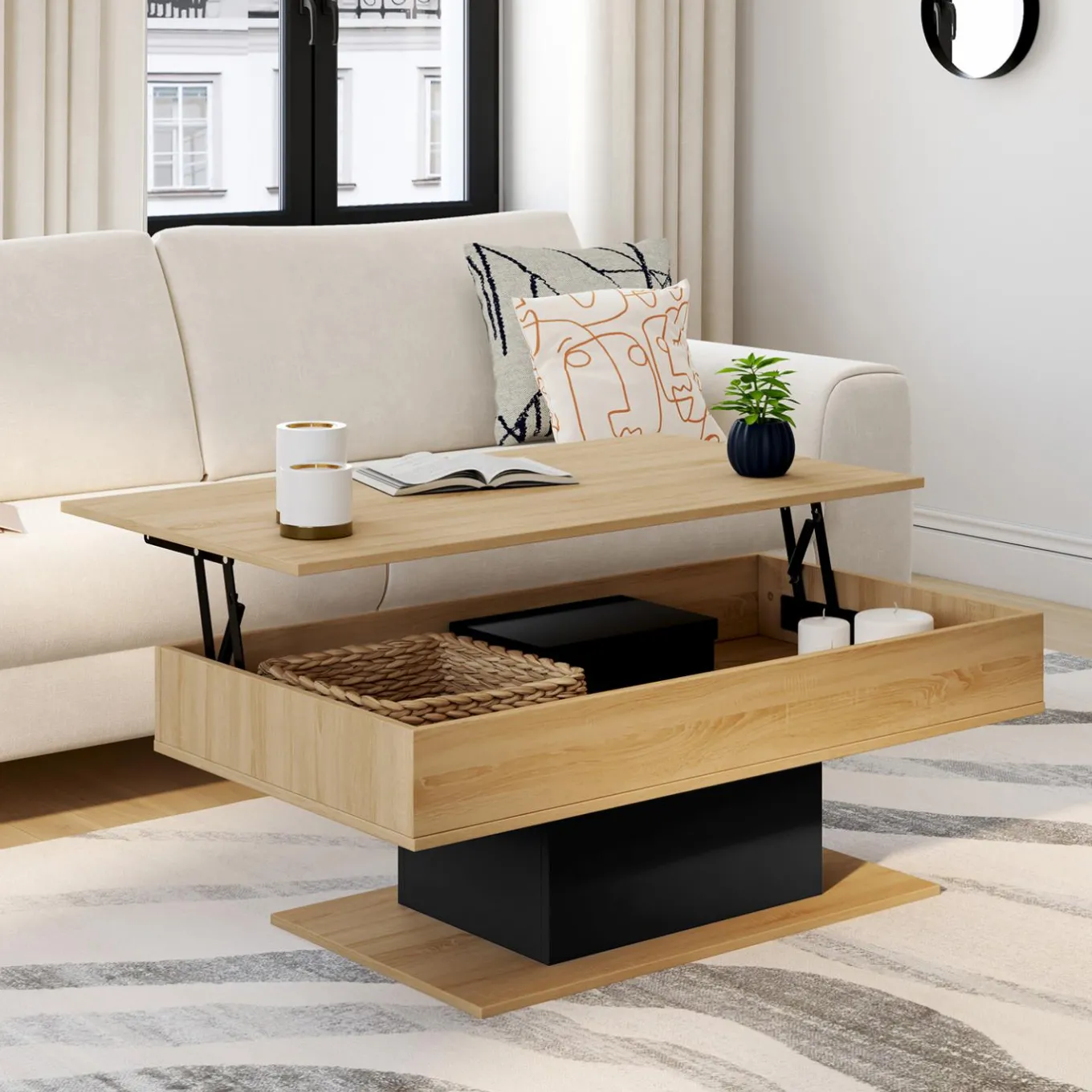 IDMarket Table de salon relevable bois et noir* Meubles Bas|Collection Design