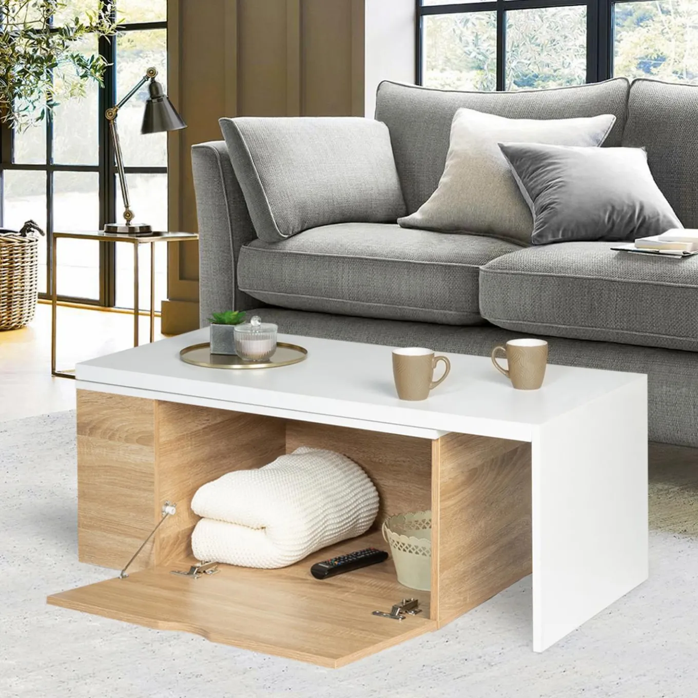 IDMarket Table de salon rotative avec coffre de rangement* Meubles Blancs|Collection Moderne