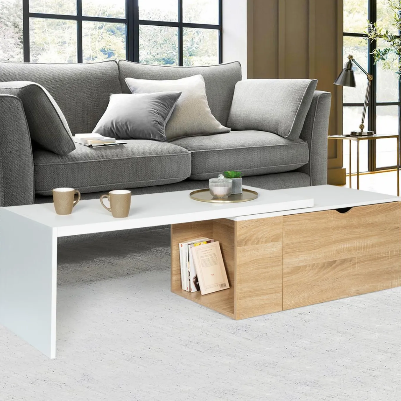 IDMarket Table de salon rotative avec coffre de rangement* Meubles Blancs|Collection Moderne