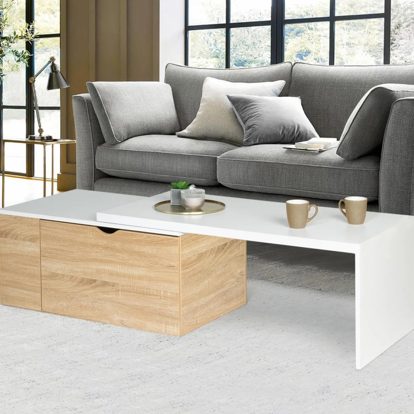 IDMarket Table de salon rotative avec coffre de rangement* Meubles Blancs|Collection Moderne