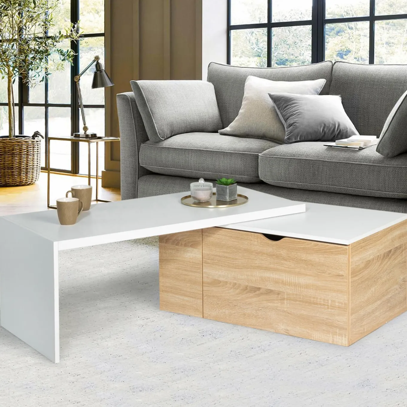 IDMarket Table de salon rotative avec coffre de rangement* Meubles Blancs|Collection Moderne