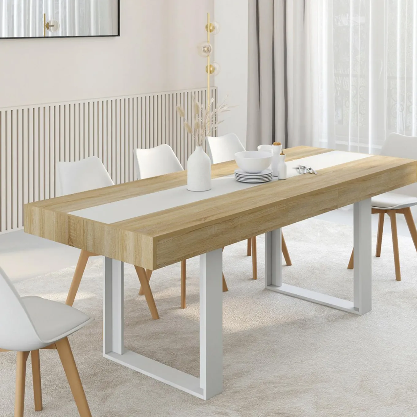 IDMarket Table extensible 6 à 10 personnes bois et blanc* Collection Design|Collection Moderne