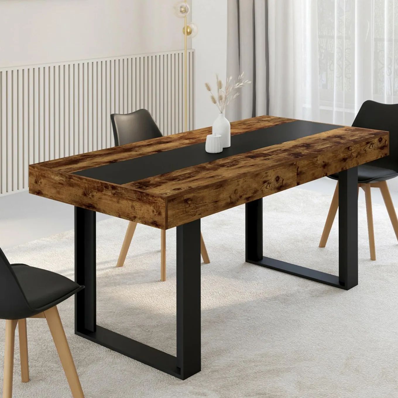 IDMarket Table extensible 6 à 10 personnes bois effet vieilli et noir* Collection Design|Collection Vintage