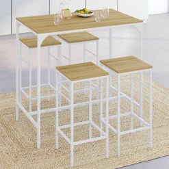 IDMarket Table haute avec 4 tabourets métal blanc et bois style industriel* Meubles Hauts|Meubles En Bois