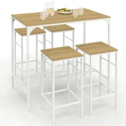 IDMarket Table haute avec 4 tabourets métal blanc et bois style industriel* Meubles Hauts|Meubles En Bois