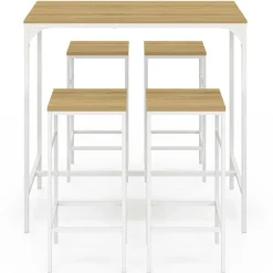 IDMarket Table haute avec 4 tabourets métal blanc et bois style industriel* Meubles Hauts|Meubles En Bois