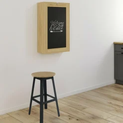 IDMarket Table murale pliable MACCHIA avec étagères et tableau craie 2 personnes bois et noir* Mange Debout|Tables Hautes