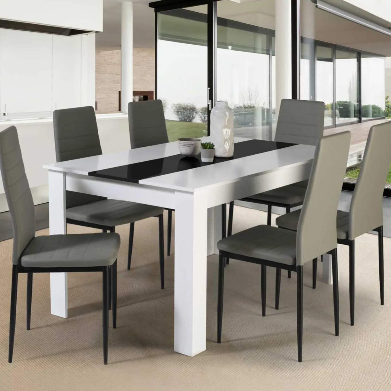 IDMarket Table noire et blanche 6 personnes* Meubles Blancs|Collection Contemporaine