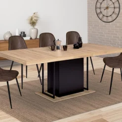 IDMarket Table pied central extensible noir et bois façon hêtre* Collection Industrielle|Salle À Manger Complète