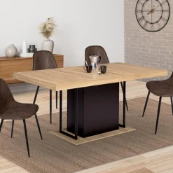 IDMarket Table pied central extensible noir et bois façon hêtre* Collection Industrielle|Salle À Manger Complète
