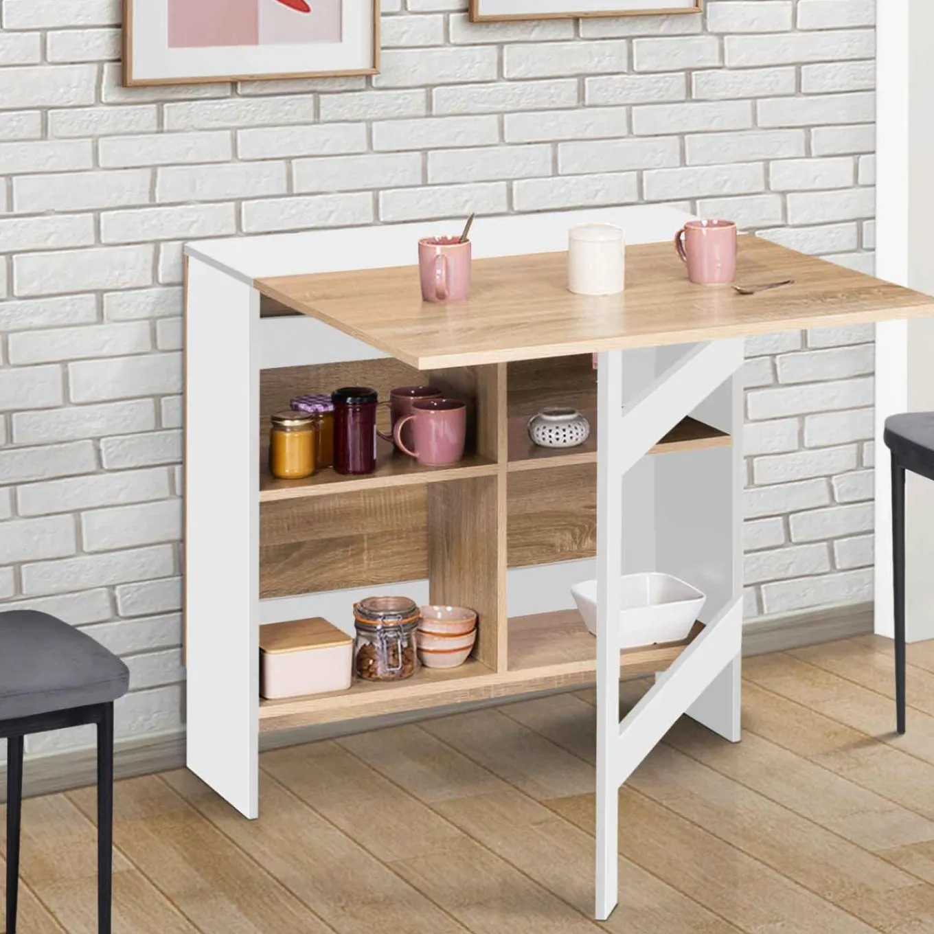 IDMarket Table pliante blanche plateau bois avec double rangement central* Collection Design|Collection Contemporaine