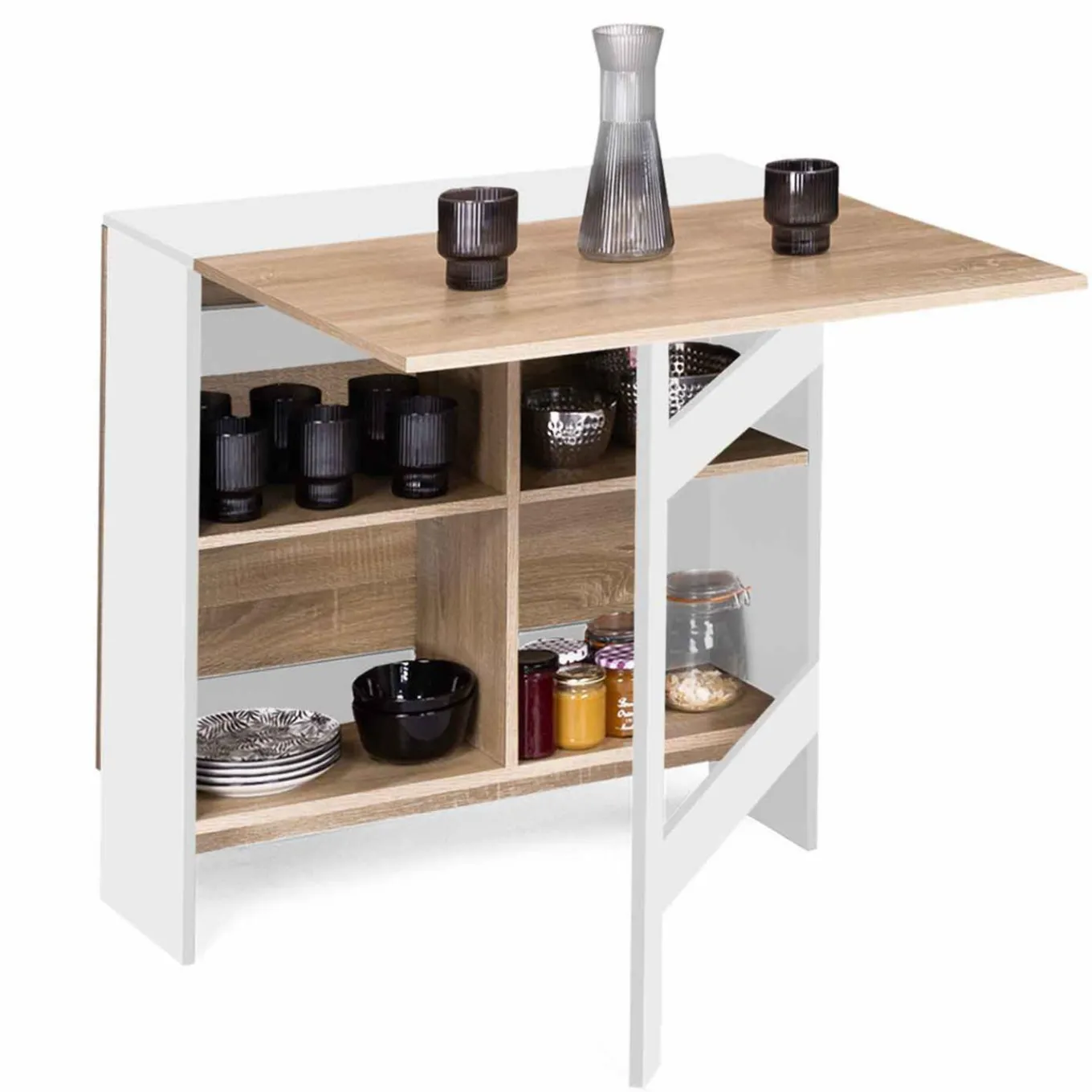 IDMarket Table pliante blanche plateau bois avec double rangement central* Collection Design|Collection Contemporaine