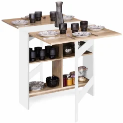 IDMarket Table pliante blanche plateau bois avec double rangement central* Collection Design|Collection Contemporaine