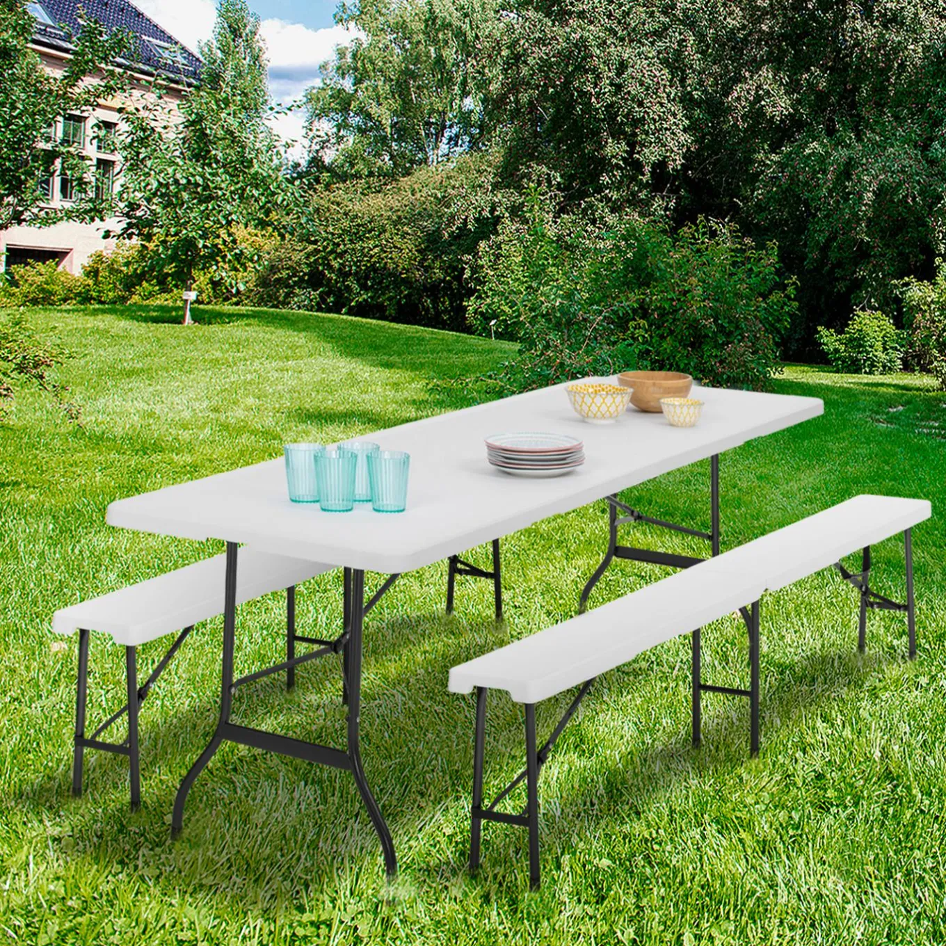 IDMarket Table pliante portable blanche 1m80 et 2 bancs pliables* Mobilier Pliant D'Appoint