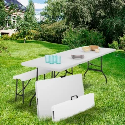 IDMarket Table pliante portable blanche 1m80 et 2 bancs pliables* Mobilier Pliant D'Appoint