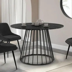 IDMarket Table ronde à manger 110cm 6 personnes plateau effet marbre noir et pied filaire métal noir* Collection Moderne|Salle À Manger Complète