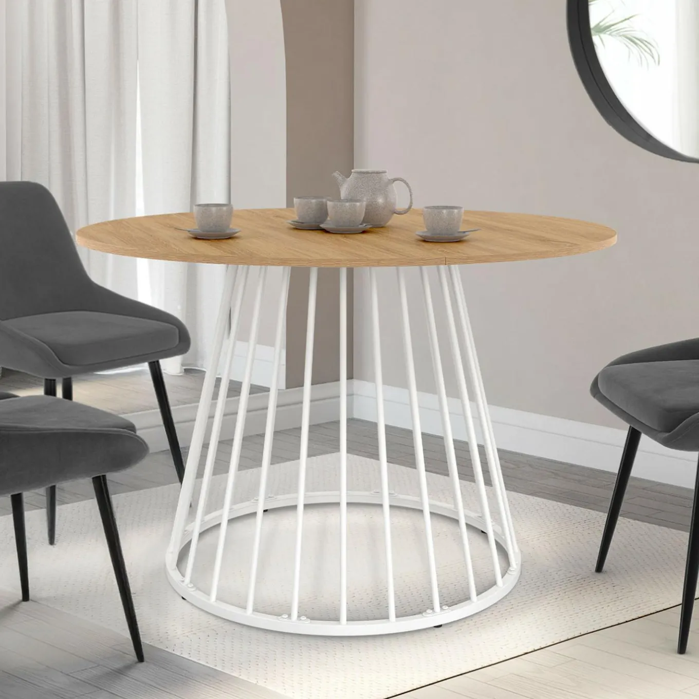 IDMarket Table ronde à manger 110cm 6 personnes plateau bois et pied filaire métal blanc* Salle À Manger Complète|Tables Et Chaises
