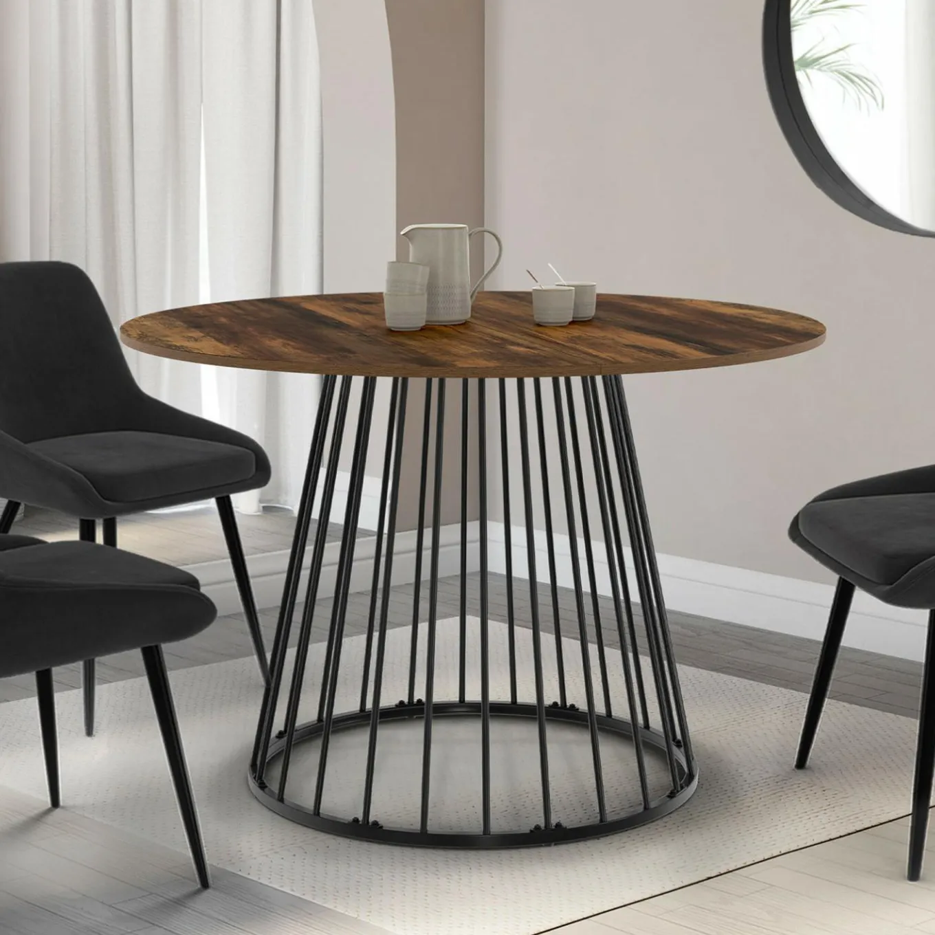 IDMarket Table ronde à manger 110cm 6 personnes plateau bois foncé et pied filaire métal noir* Salle À Manger Complète|Tables Et Chaises